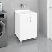 24" Dunn Freestanding Utility Tub Cabinet with 2 Doors, 2 Interior Shelves, Integrated Utility Sink, and 4 Legs, White - Laundry Room – Multi-Purpose Furniture Storage Solution