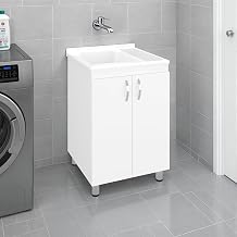 24" Dunn Freestanding Utility Tub Cabinet with 2 Doors, 2 Interior Shelves, Integrated Utility Sink, and 4 Legs, White - Laundry Room – Multi-Purpose Furniture Storage Solution