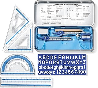 STAEDTLER 10-Piece Math Set with Metal Compass, 6" Ruler & Triangle Squares, 45° & 30/60° Set Squares, Alphabet Stencil - Measuring Tools