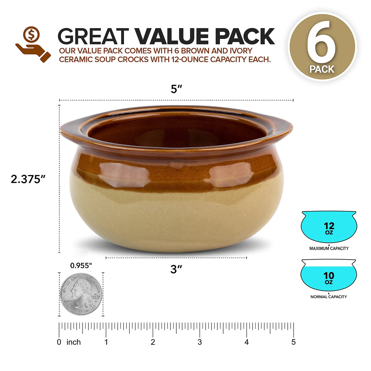 French Onion Soup Crocks (6 Count) - 12 Ounce Oven Safe by Stock Your Home – 12oz - 6 Pack, 12.0 ounces, Ceramic, Brown (Two Tone), Pack of 6