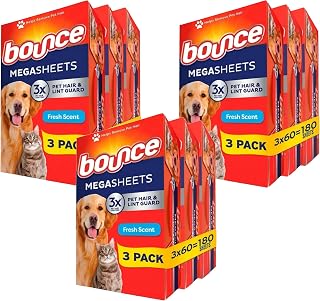 Bounce Pet Hair and Lint Guard Fabric Softener Dryer Sheets | Fresh Scent | 3X Pet Hair Fighters | Mega Sheets | 180 Count, Pack of 3