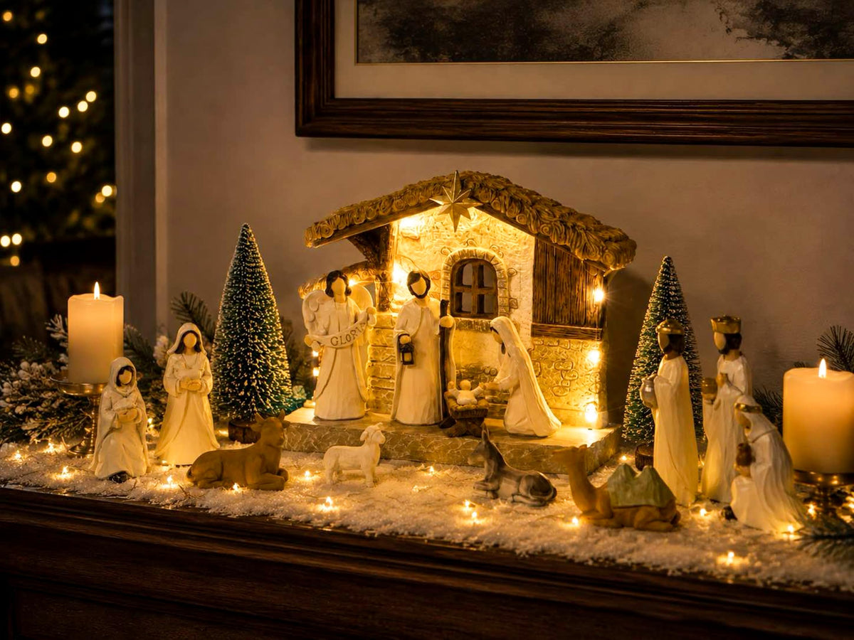 Gleemoria Nativity Scene Set, 17 Pieces with LED Stable, White