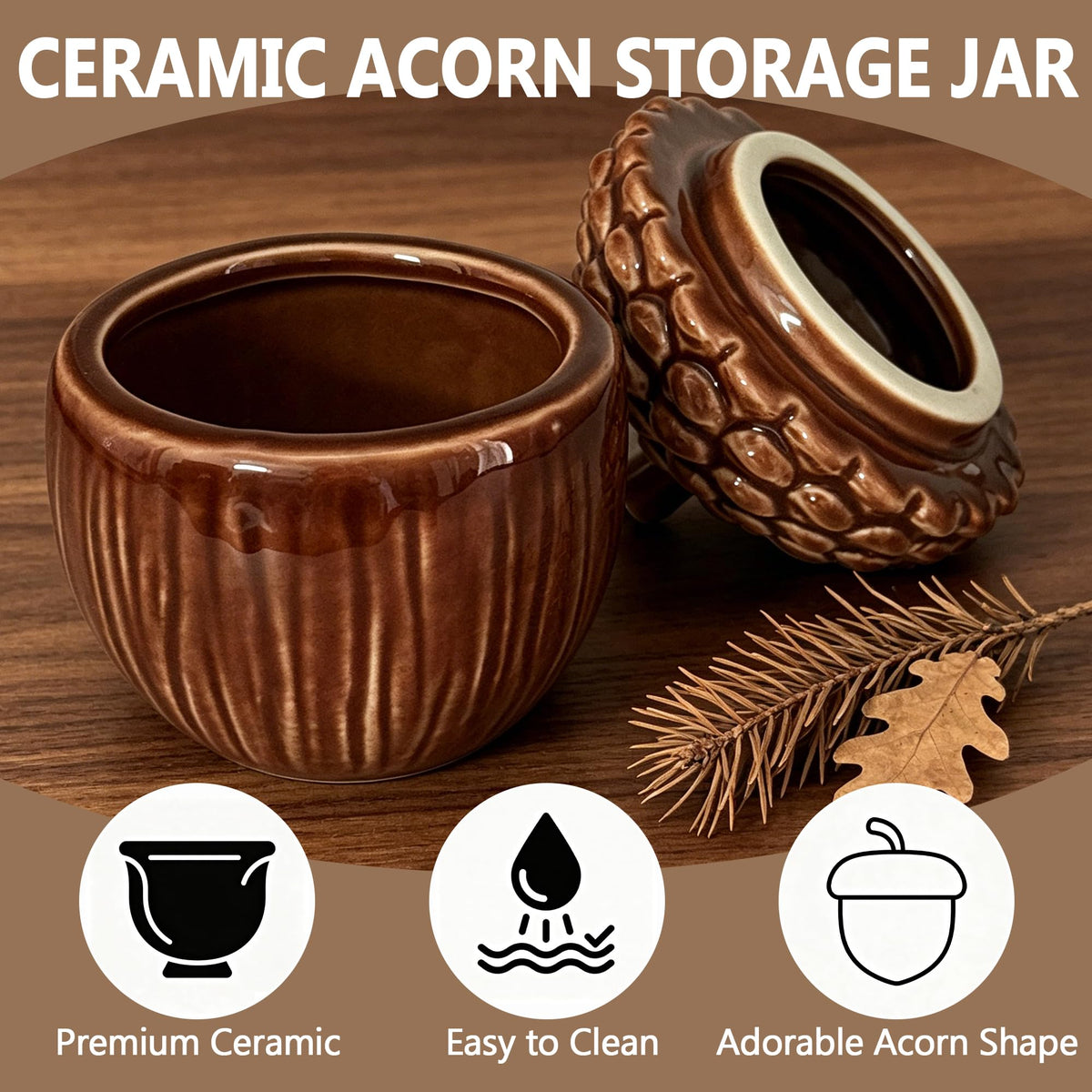 Lotikou Ceramic Acorn Jar, 1.9 Ounces, Brown