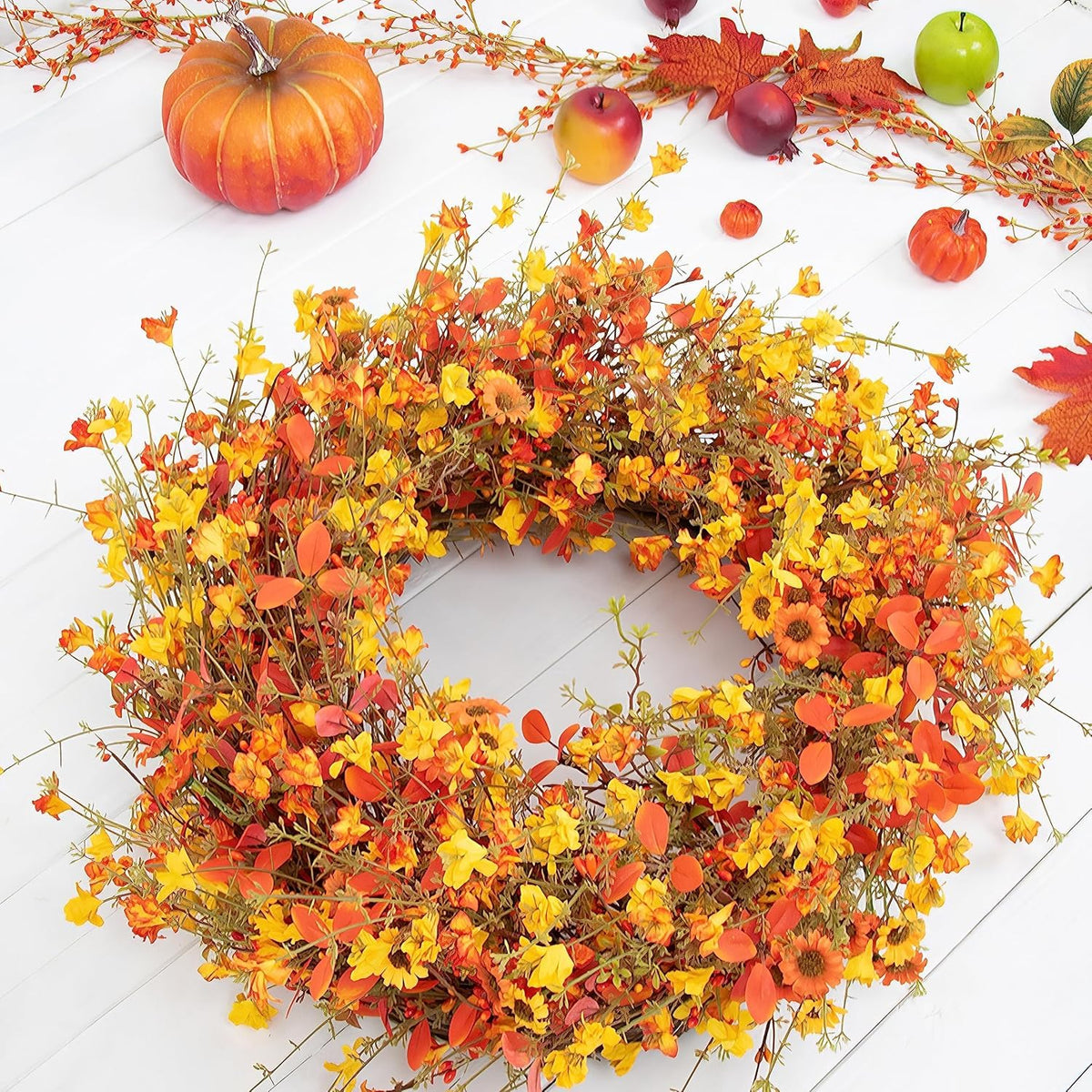 DIYFLORU Fall Wreath, 22 Inch Grapevine Base, Orange 1