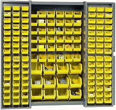 Global Industrial Deep Door Bin Cabinet, Includes 144 Yellow Plastic Bins | Padlockable Steel Cabinet, 38"W x 24"D x 72"H, For Tool and Parts Storage, Ships Assembled
