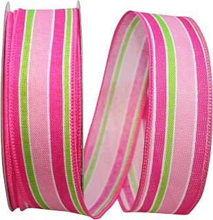 Reliant Ribbon Stripe Bright Linen Lines Wired Edge Ribbon, 1-1/2 Inch X 20 Yards, Pink