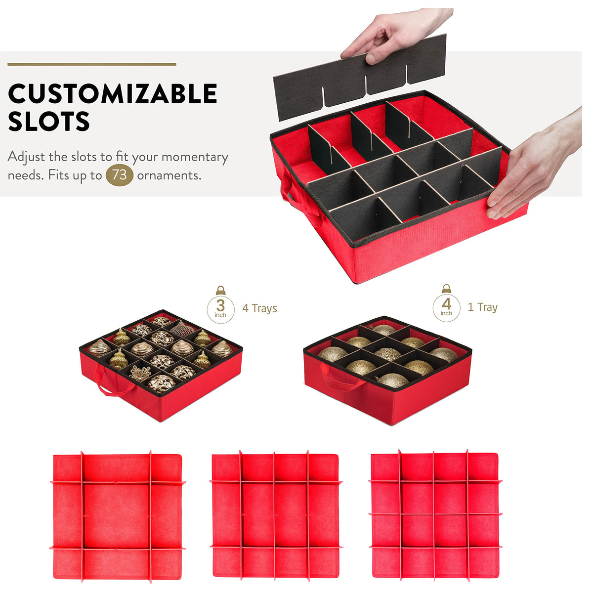 Zober Ornament Storage Box With Trays, Holds 73 Ornaments, Red