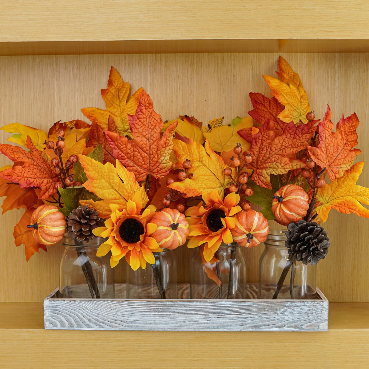 Winlyn Artificial Fall Picks, 8 Pack with Pumpkins Sunflowers Pinecones, Orange