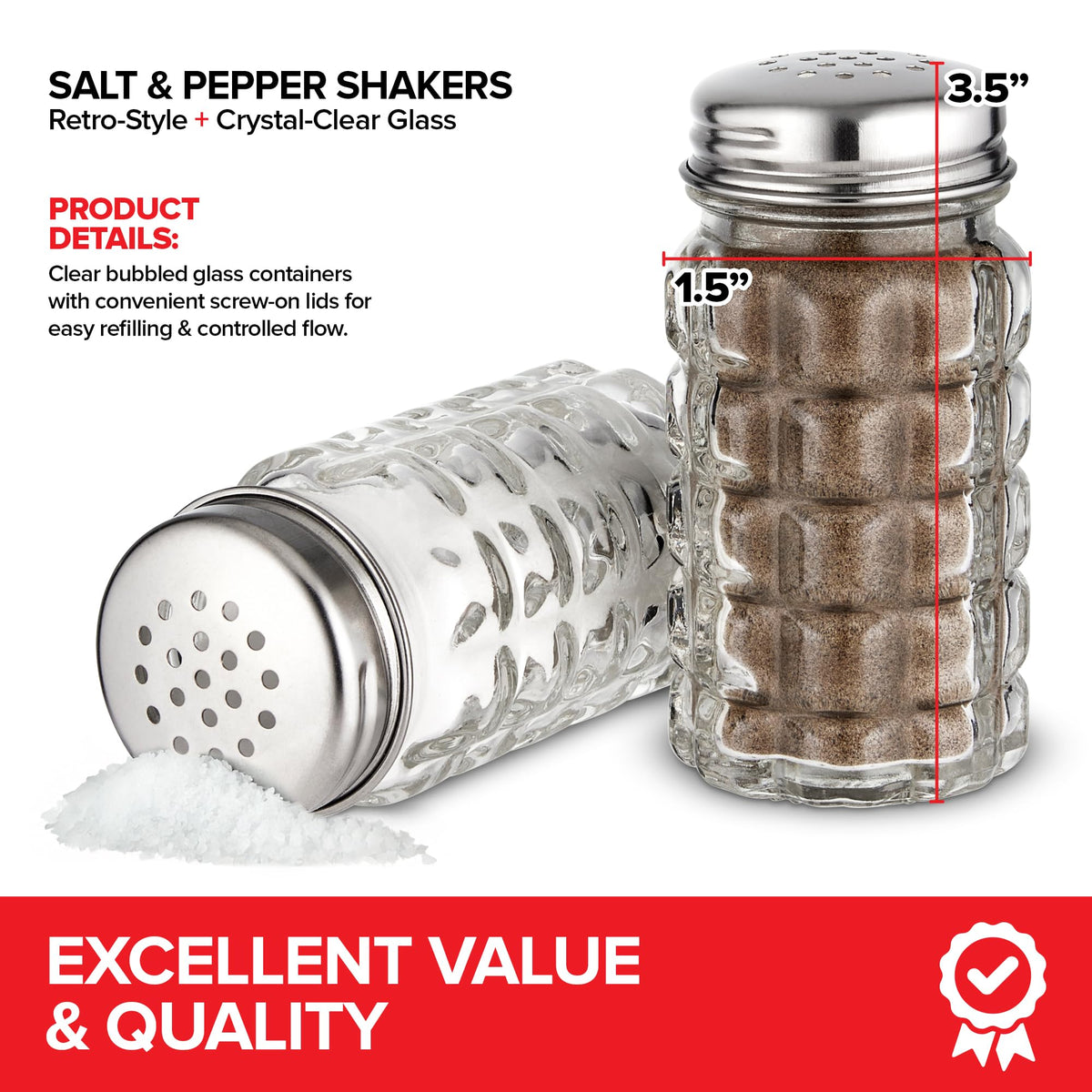 1.5 oz Retro Salt and Pepper Shakers by Stock Your Home – 1.5 ounces, Clear, Pack of 2