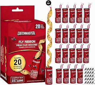 Catchmaster Fly Ribbon 20 Pack, Fly Strips Indoor Sticky Hanging Fly Tape | 20 Hanging Sticky Fly Ribbons For Kitchen, Garage & Barn, Pesticide Free Fly Paper Catches Flies & Gnats On Contact