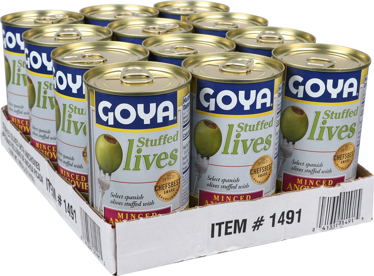 Foods Manzanilla Olives Stuffed with Anchovies by Goya – 5.25 Ounce (Pack of 12), Pack of 12, Model 00083241