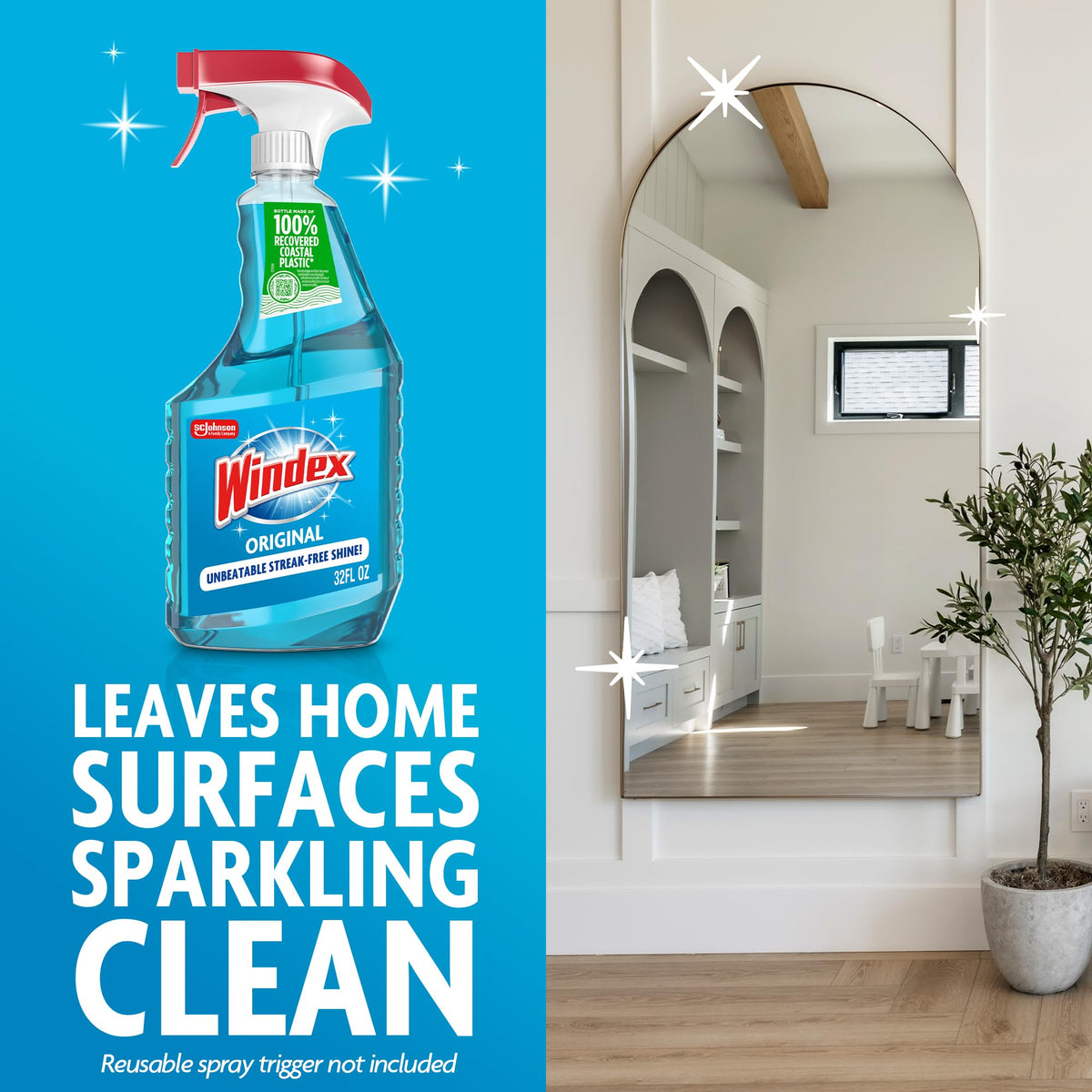 Refill Original Blue Glass and Window Cleaner Bottles + 1 Reusable Spray Trigger by Windex – 32 Fl Oz (Pack of 3), Original Glass Cleaner, Pack of 3, Model 343297