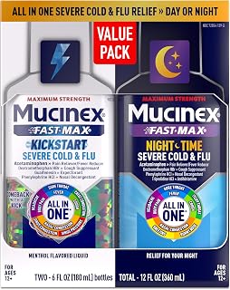 Mucinex Fast-Max Kickstart Severe Cold and Flu Medicine for Adults, Liquid Cold Medicine & Cough Medicine for Adults, Generic Expectorant Guaifenesin & Cough Suppressant Dextromethorphan, 2x6 fl oz