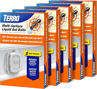 TERRO Indoor Liquid Ant Baits with Adhesive Strips for Discreet Baiting - TERRO Ant Trap and Bait Station - 5 Pack, 20 Baits - T334B | Adhesive Strips, Discreet Baiting, Ant Trap and Bait Station, T334B