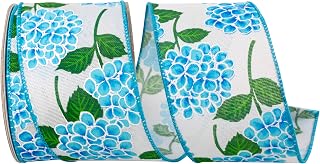 Reliant Ribbon Hydrangea Bright Linen Wired Edge, Blue, 2-1/2 Inch, 10 Yards