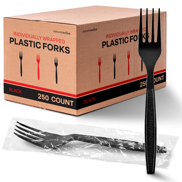 Individually Wrapped Forks by Stock Your Home – 10 Pack Pack of 25, Plastic, Black, Pack of 250, Model SYH-1027-QV-10CT