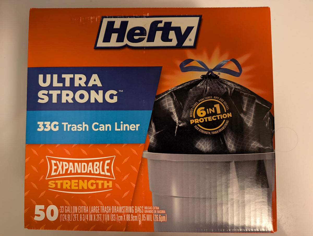 Ultra Strong Draw String 33 Gal. Trash Bags (50-Count) by Hefty – 12 Count (Pack of 1), 33.0 gallons, Solid Black, Model 00E8357400AC