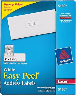 4 X Avery Easy Peel White Mailing Labels for Laser Printers, 1 x 2.62 Inch, Box of 3000 Labels (5160)