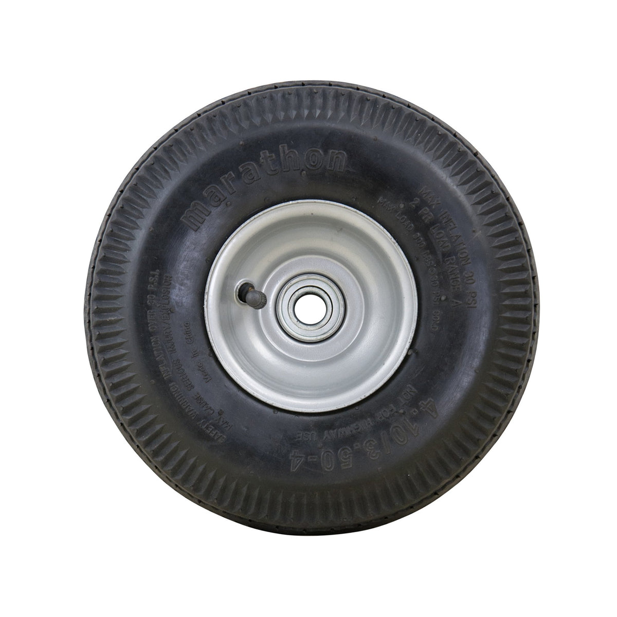 Pneumatic 4.10/3.50-4” Tire and Wheel Assembly by Marathon – 5/8" Ball Bearings, Alloy Steel, Black and Gray Rim, Model 20010