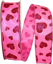 Reliant Ribbon Satin Glitter Hearts Wired Edge Ribbon, 1-1/2 Inch X 20 Yards, Shocking Pink