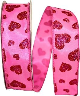 Reliant Ribbon Satin Glitter Hearts Wired Edge Ribbon, 1-1/2 Inch X 20 Yards, Shocking Pink