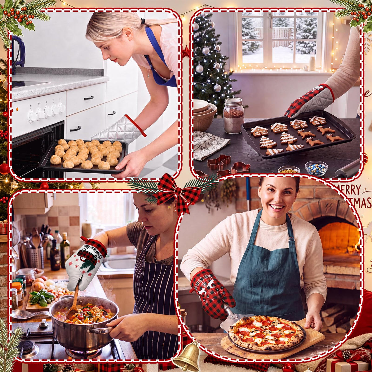 Sratte Christmas Oven Mitts, 12 Pack, Multicolored Plaid Santa Joy