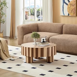 31" Solid Veneer Coffee Table, Round Coffee Table with Striped Wood Texture, Mesa De Centro para Sala with Natural Finish for Modern Lounge Interior Space, Natural,Walnut
