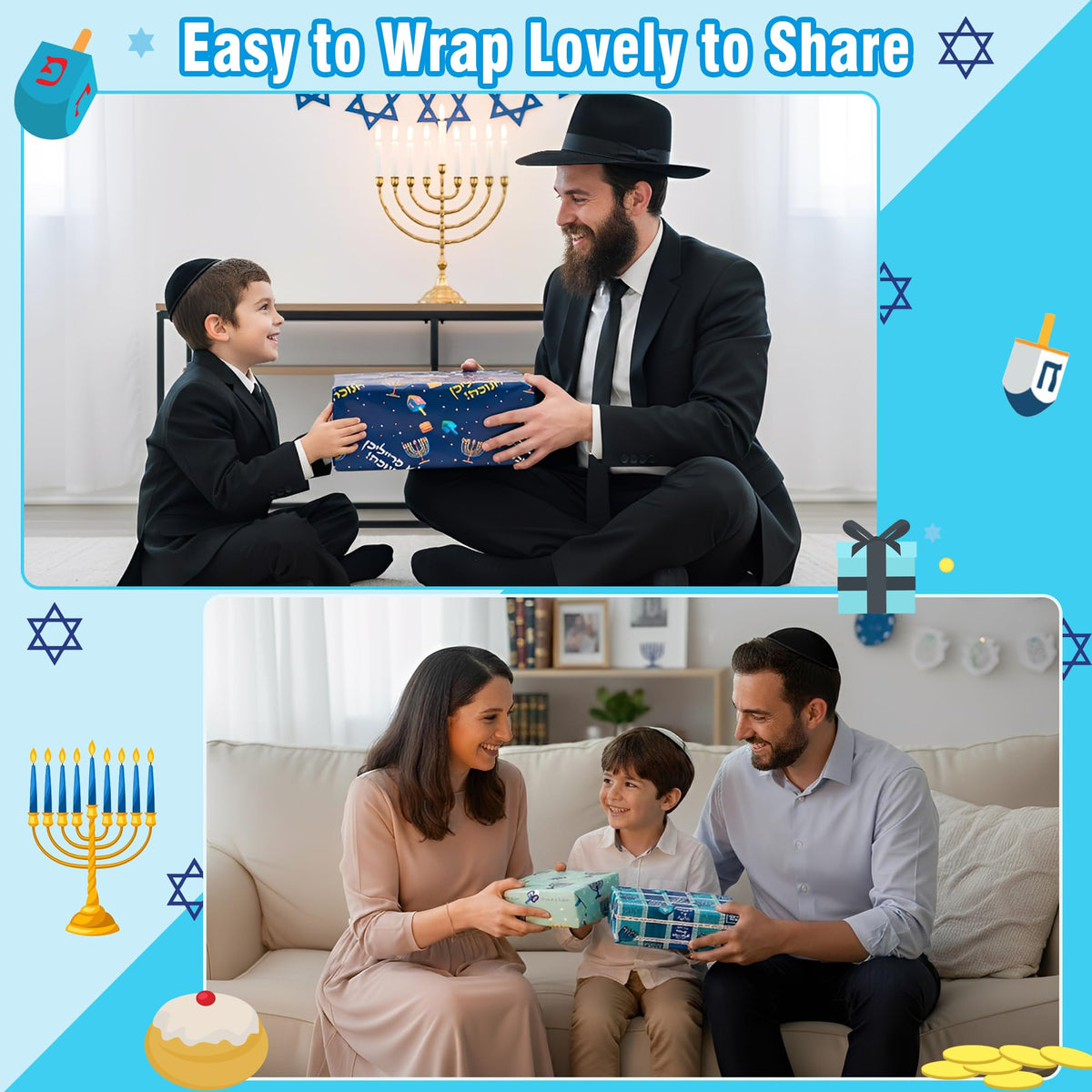Cherubfunz Hanukkah Gift Wrap, 4 Rolls Totaling 148 Sq Ft, Menorah Dreidel Designs