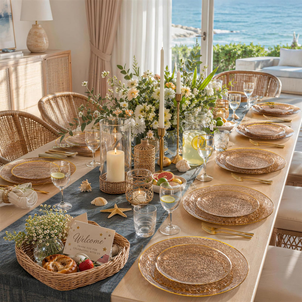 Liacere Plastic Plates, 60 Piece Set, Brown with Gold Rim