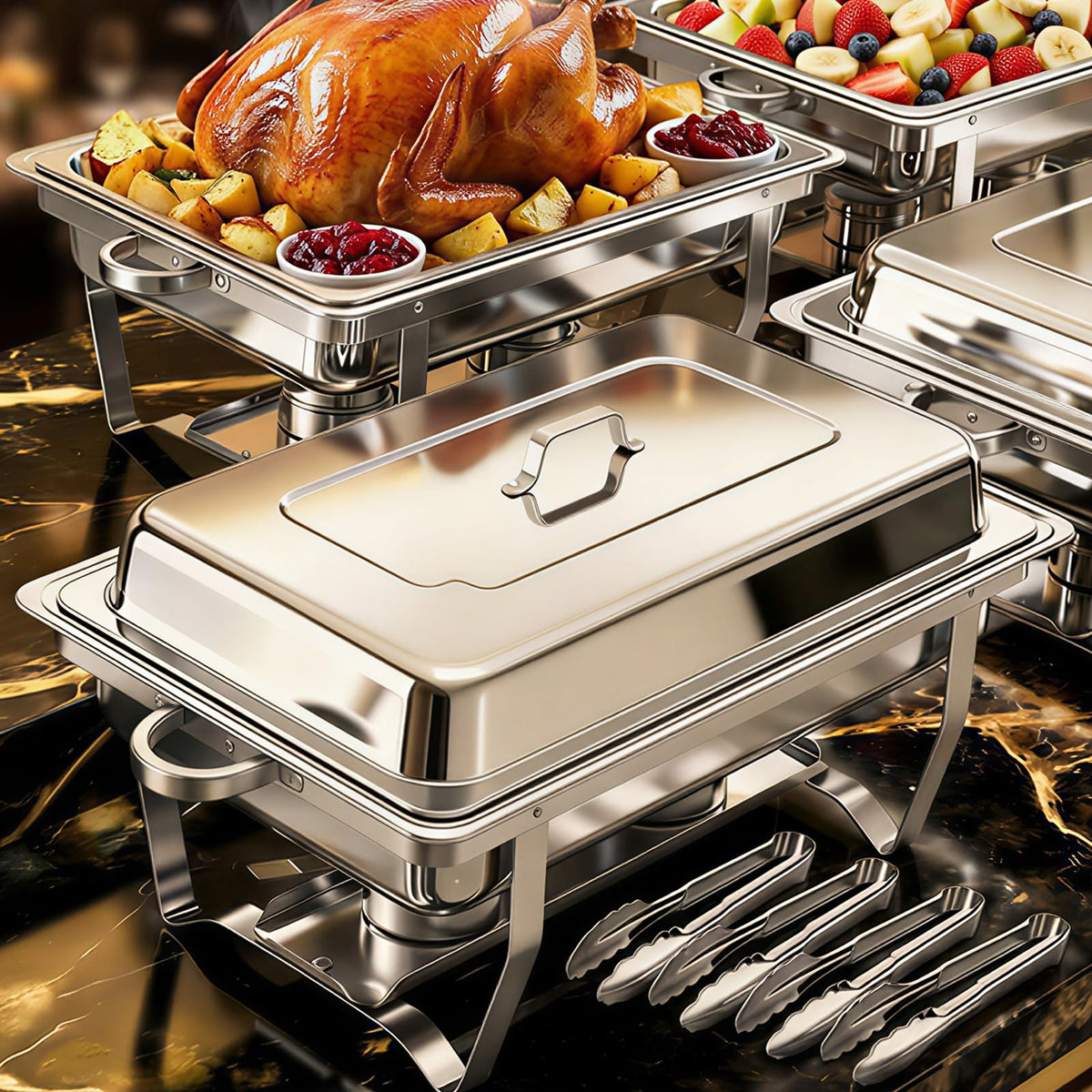 Powerfuel Chafing Dishes, 11 Quart Rectangular Stainless Steel, 4 Pack Silver