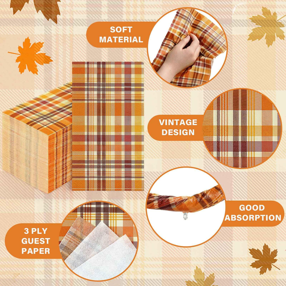 Homlouue Fall Plaid Napkins, 100 Count 3-Ply Disposable, Orange
