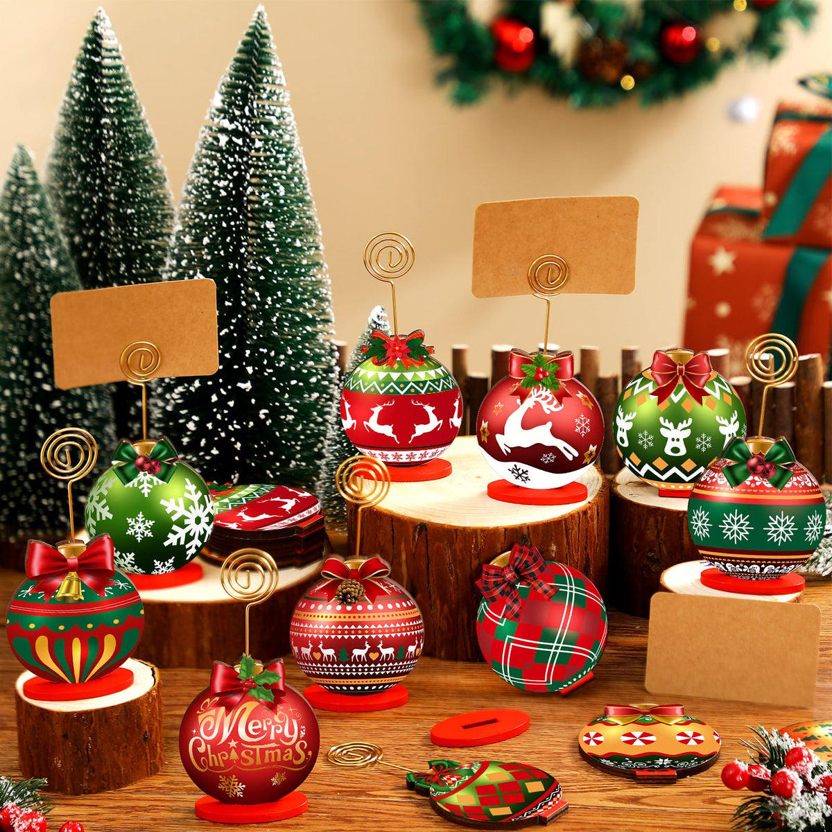 Yookeer Wood Place Card Holders, 24 Sets with Kraft Cards, Multicolor Christmas Designs