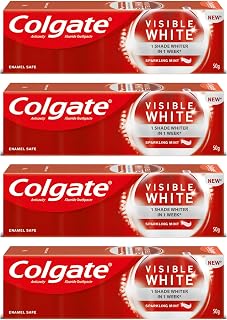 Colgate Visible White Sparkling Mint 50G Toothpaste (200G, Pack of 4, 50G Each) - Whitens Teeth, Protects Enamel, Freshens Breath(7 Ounce)