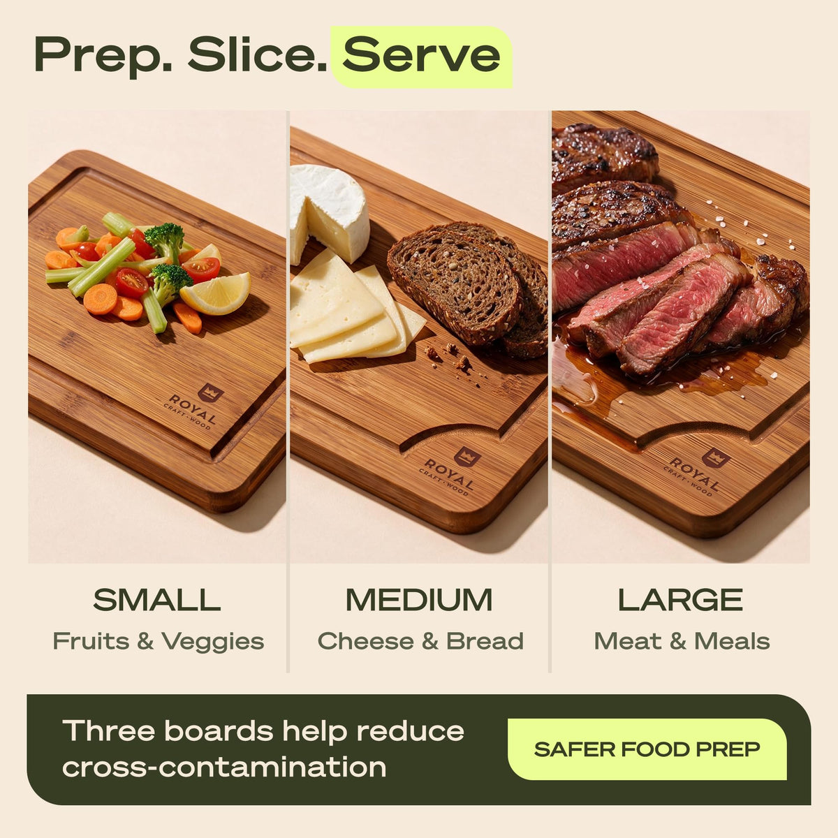 Royal Craft Wood Bamboo Cutting Board Set, 3 Piece with Juice Groove, Brown