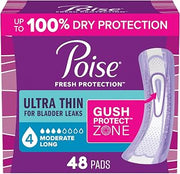 Poise Ultra Thin Incontinence Pads for Women, 4 Drop, Long, 48 ct