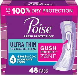 Poise Ultra Thin Incontinence Pads for Women, 4 Drop, Long, 48 ct