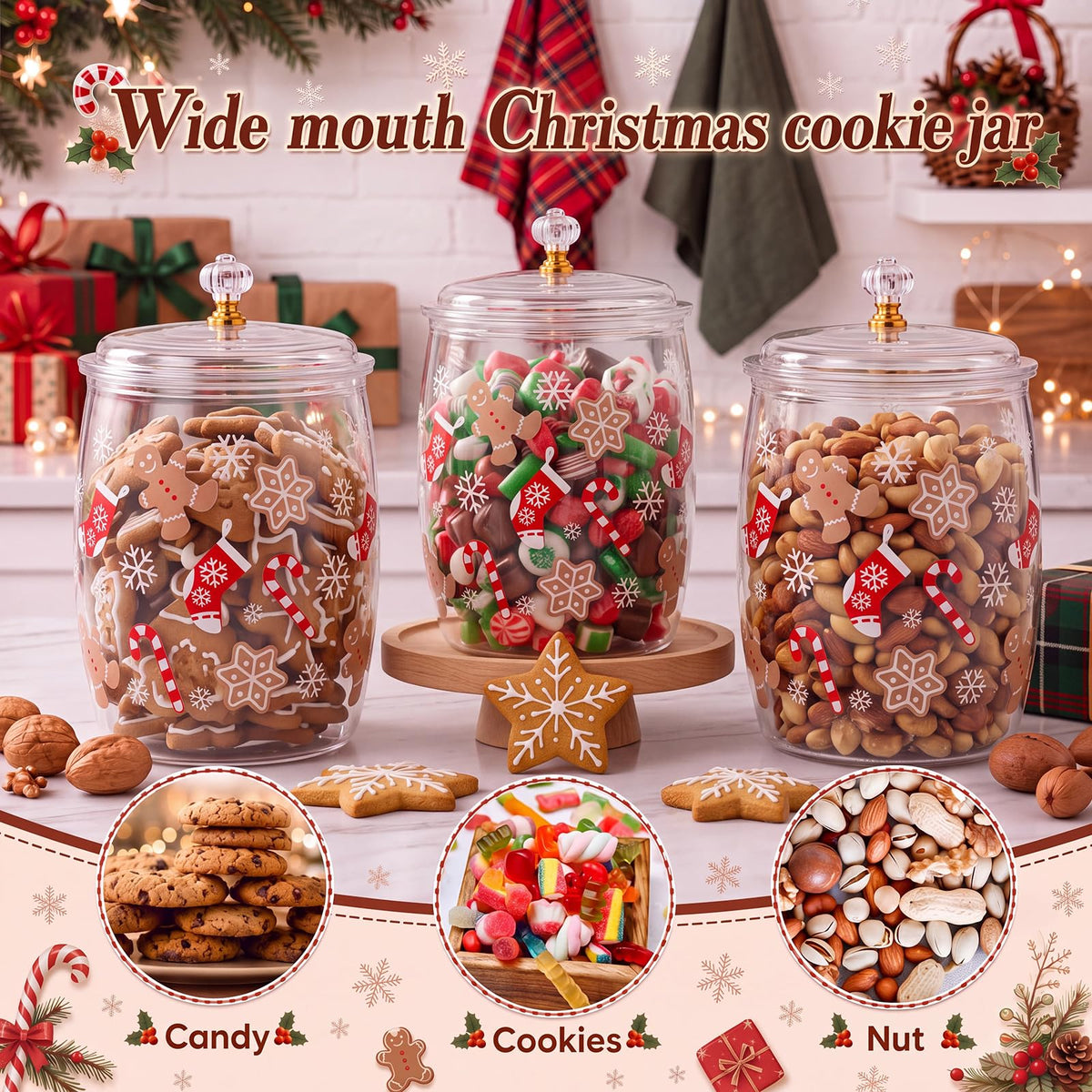 Yetene Gingerbread Man Cookie Jar, 1.06 Gallon Clear Storage Container, Red Green Brown