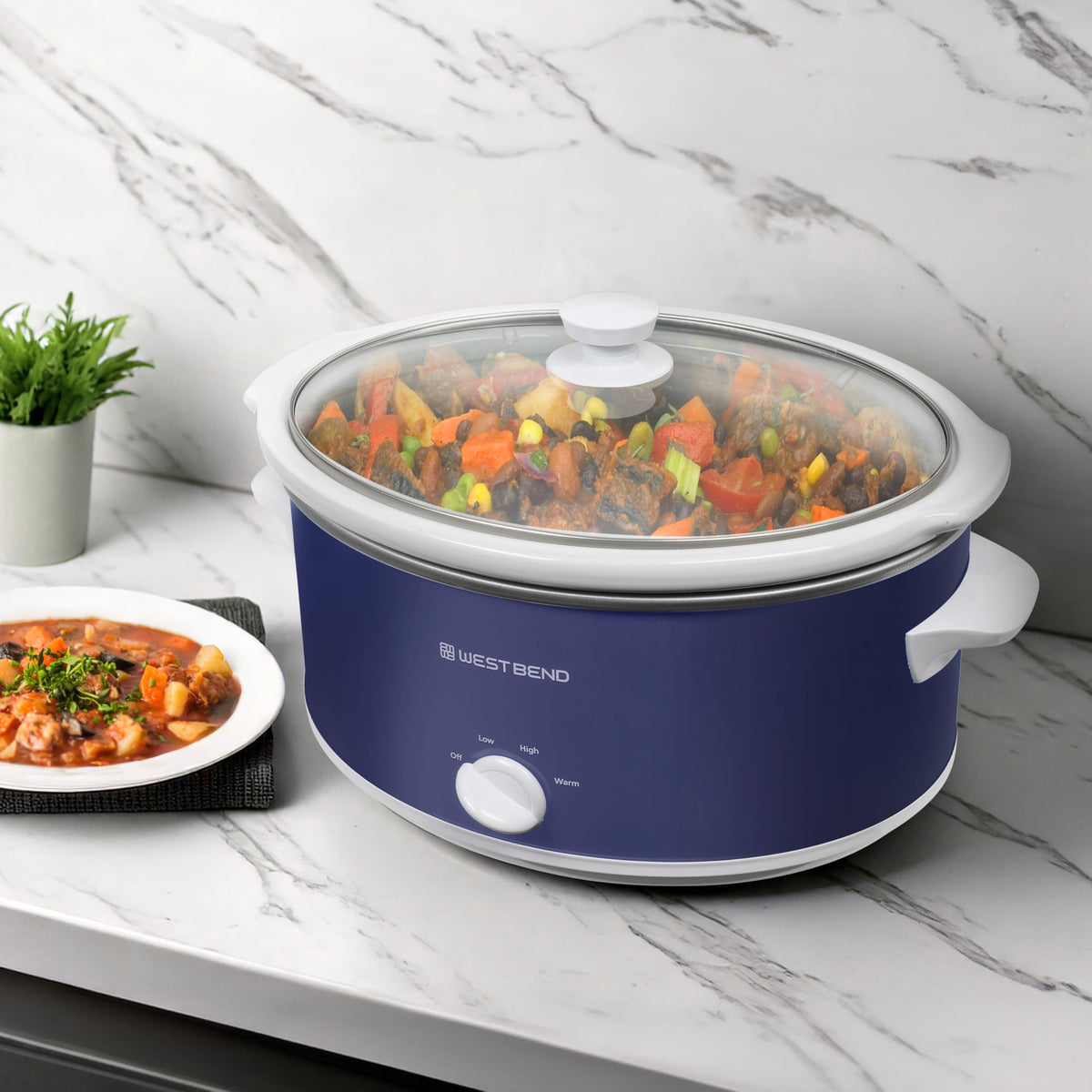 Slow Cooker 6-Quart Manual Crockery Style with Dishwasher Safe Oval Ceramic Crockpot and Glass Lid Two Temperature Settings Plus Keep Warm by West Bend – Model SCWB6QPTNW13