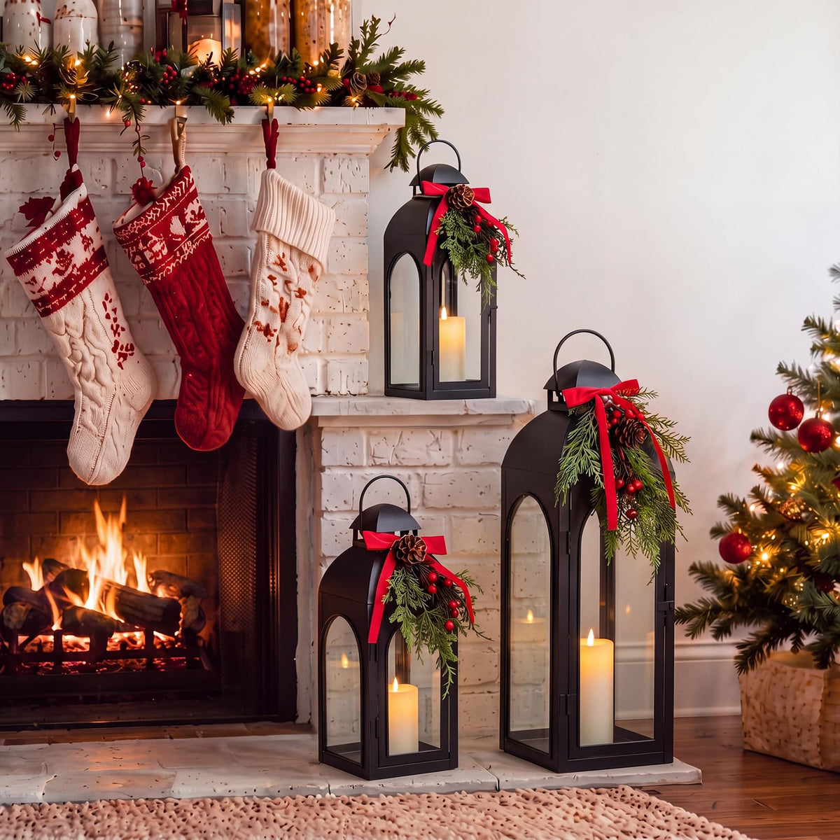 Glooglitter Christmas Lantern Set, 20 16 12 Inch, Black Green Red