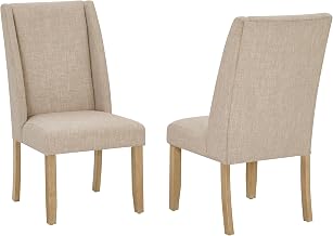 Beige Fabric Dining Side Chairs w Rustic Wood Legs