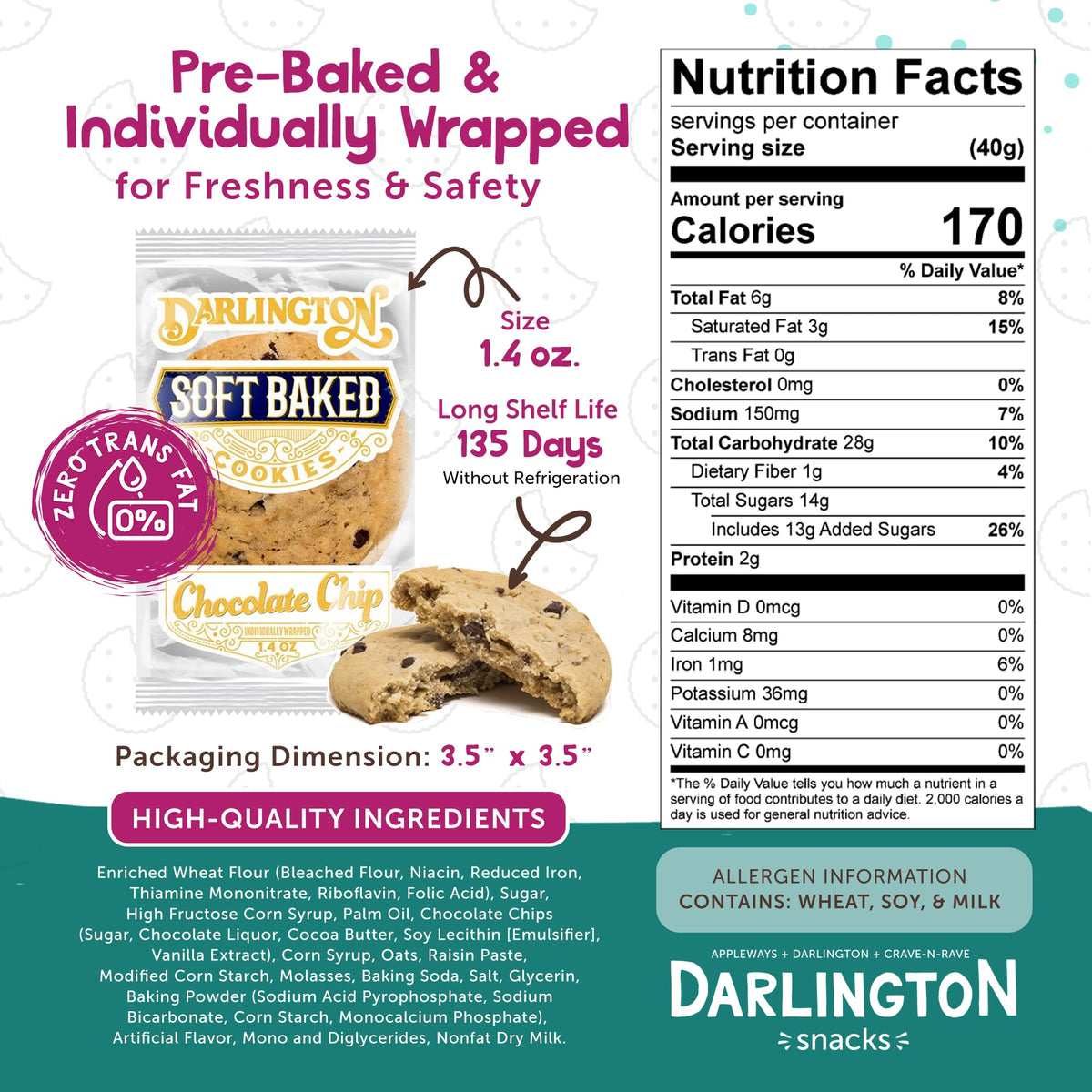 Darlington Snacks Chocolate Chip (Original) / 1.4 Ounce (Pack of 180) / Brown Chocolate Chip