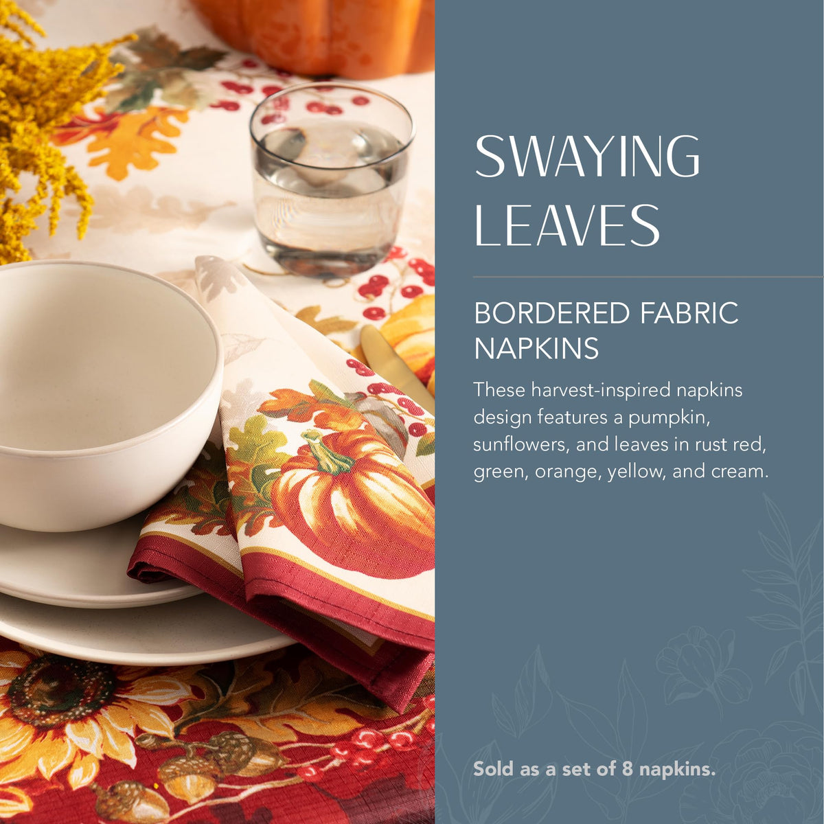 Elrene Swaying Leaves Napkins, 17 x 17 Inches, Set of 8