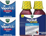 Cough, Cold, and Flu Bundle - Vicks VapoRub Cough Suppressant 6 oz (pack of 2) and Vicks Nyquil SEVERE Nighttime Relief 12 oz (twin pack)