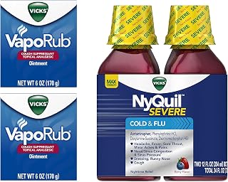 Cough, Cold, and Flu Bundle - Vicks VapoRub Cough Suppressant 6 oz (pack of 2) and Vicks Nyquil SEVERE Nighttime Relief 12 oz (twin pack)