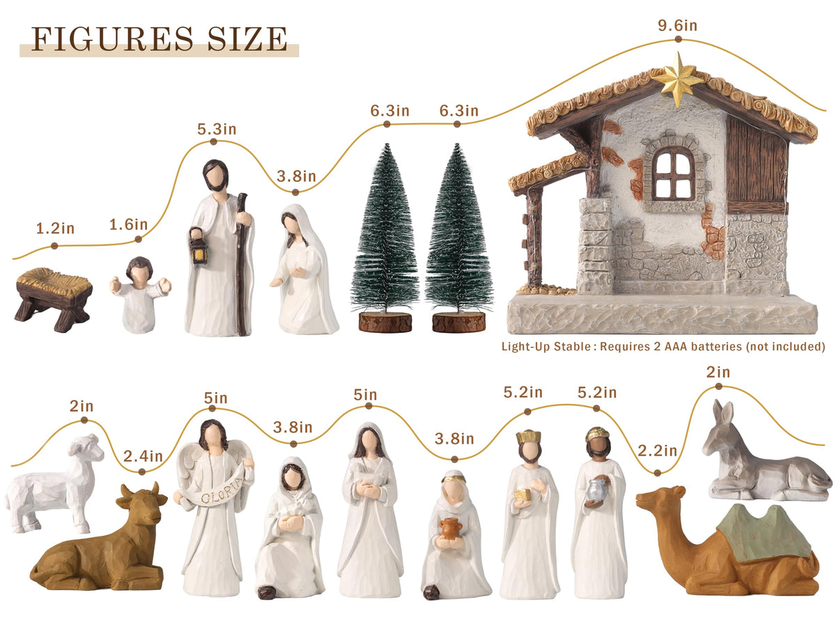 Gleemoria Nativity Scene Set, 17 Pieces with LED Stable, White