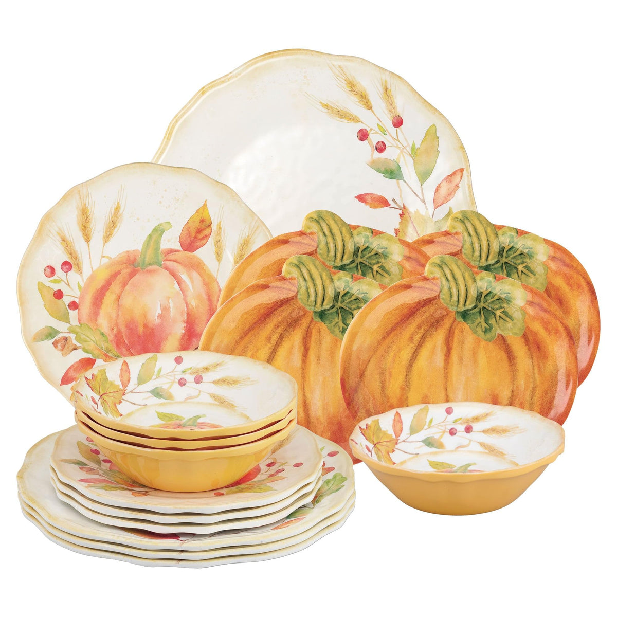 UP Melamine Dinnerware Set, 16 Piece Pumpkin Design, Service for 4, Orange