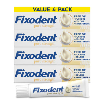 Pure Strength Secure Denture Adhesive 2.4oz (Pack of 4) by Fixodent – 2.4oz (Pack of 4), Polyvinyl Acetate (PVA), White, Pack of 4, Model FIXODENT-PURE-STRENGTH-4PACK