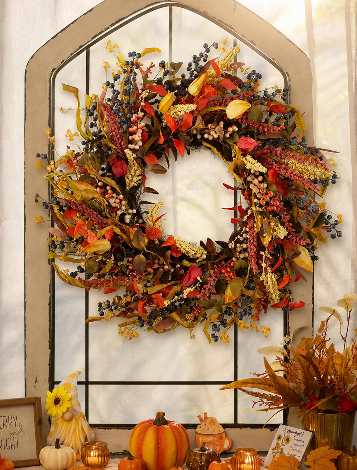 Walasis Fall Wreath, 26 Inch Diameter, Wheat and Berry