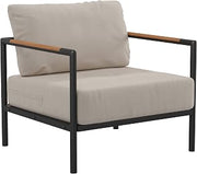 Taylor & Logan Amy Black Metal Indoor/Outdoor Patio Chair with Teak Accented Arms and Beige Cushions