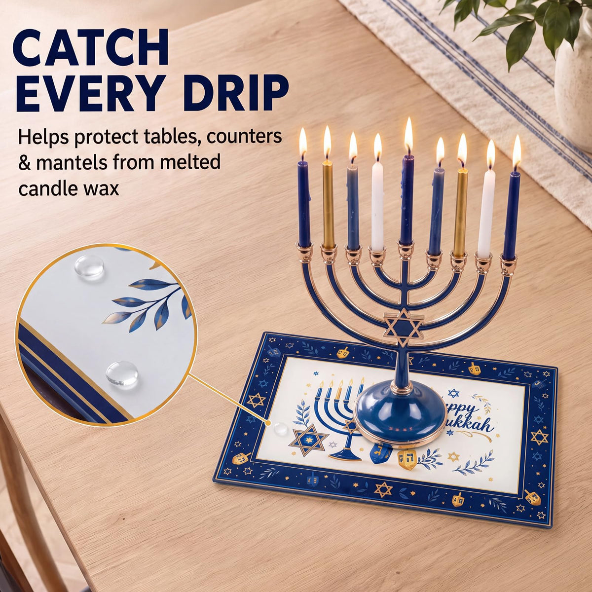 OBreezify Hanukkah Glass Drip Tray, 12 x 8 Inch, Multicolor